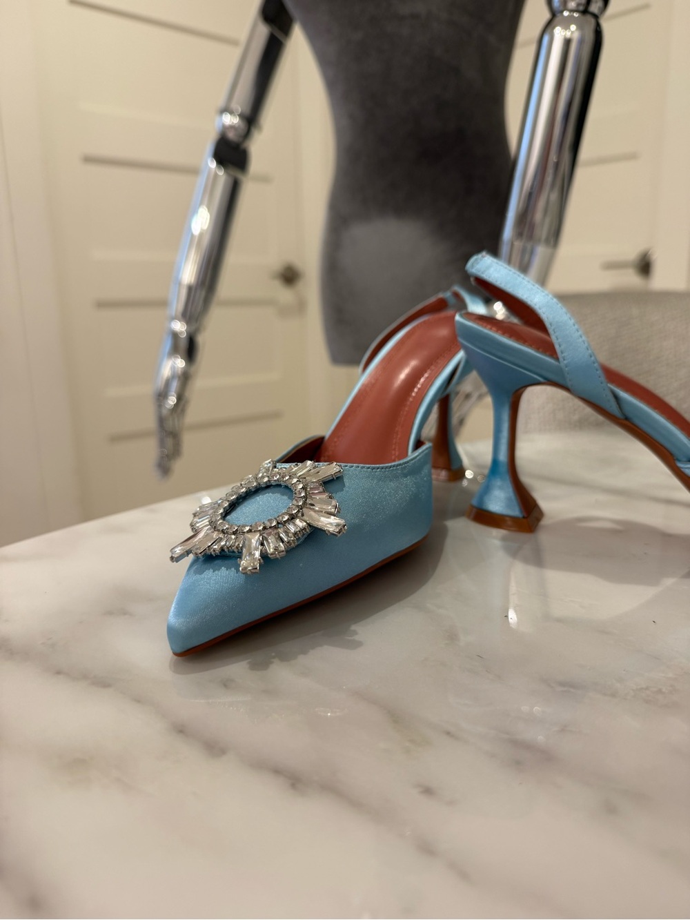 Baby Blue Satin Rhinestone Slingback Heels Pointed Toe Crystal Pumps
